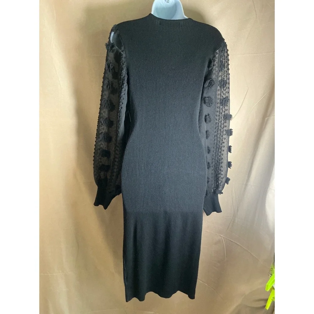 Almost Famous Ribbed Knit Dress Womens XL Black New Sheer 3D Pom Balloon Sleeve